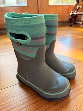 Bogs Kids Gray and Mint Green Striped Rain Boots